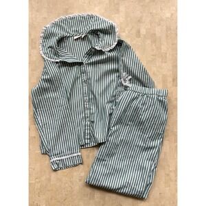 Rachel Ashwell Shabby Chic Pajama Set Sz M Eyelet Trim Cotton Green Stripe